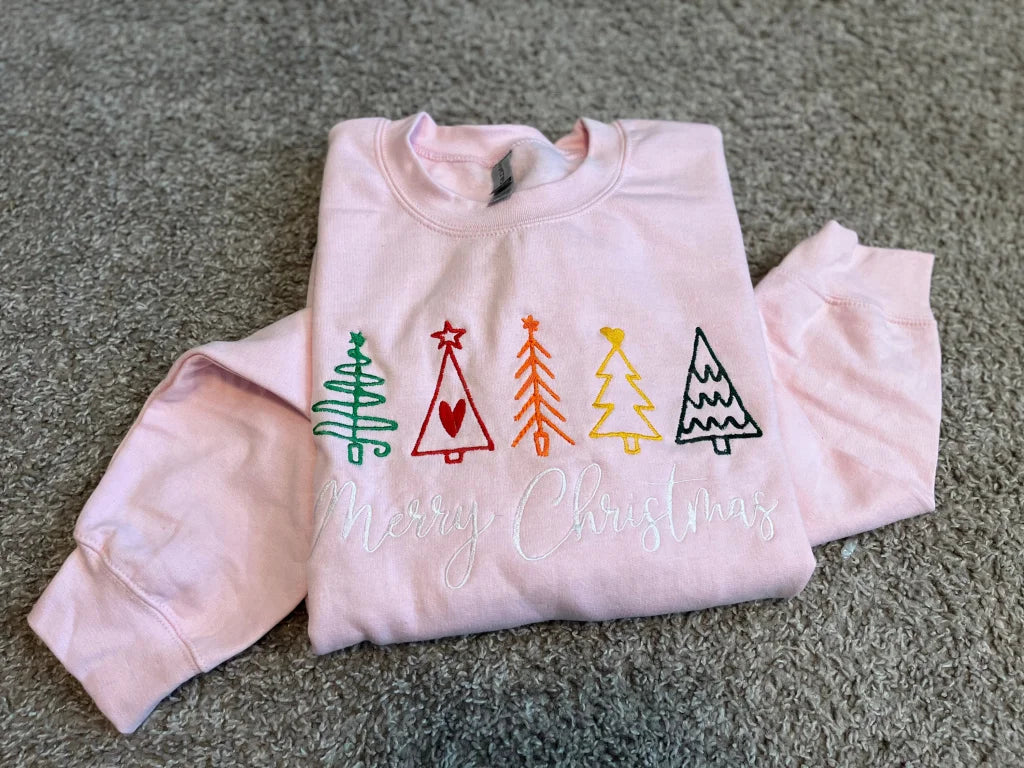 Colorful Christmas Trees Embroidered Crew