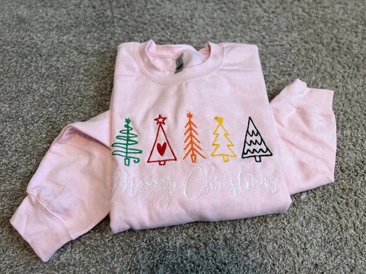 Colorful Christmas Trees Embroidered Crew
