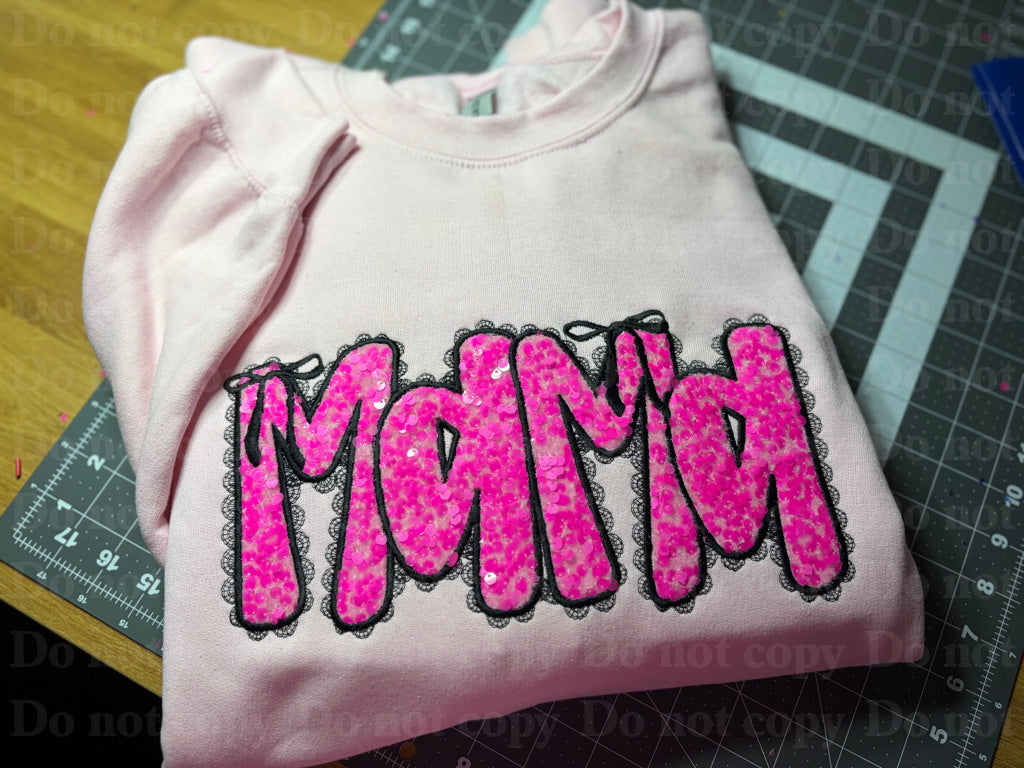 Mama W/Ribbon lace outlined sequin appliqué