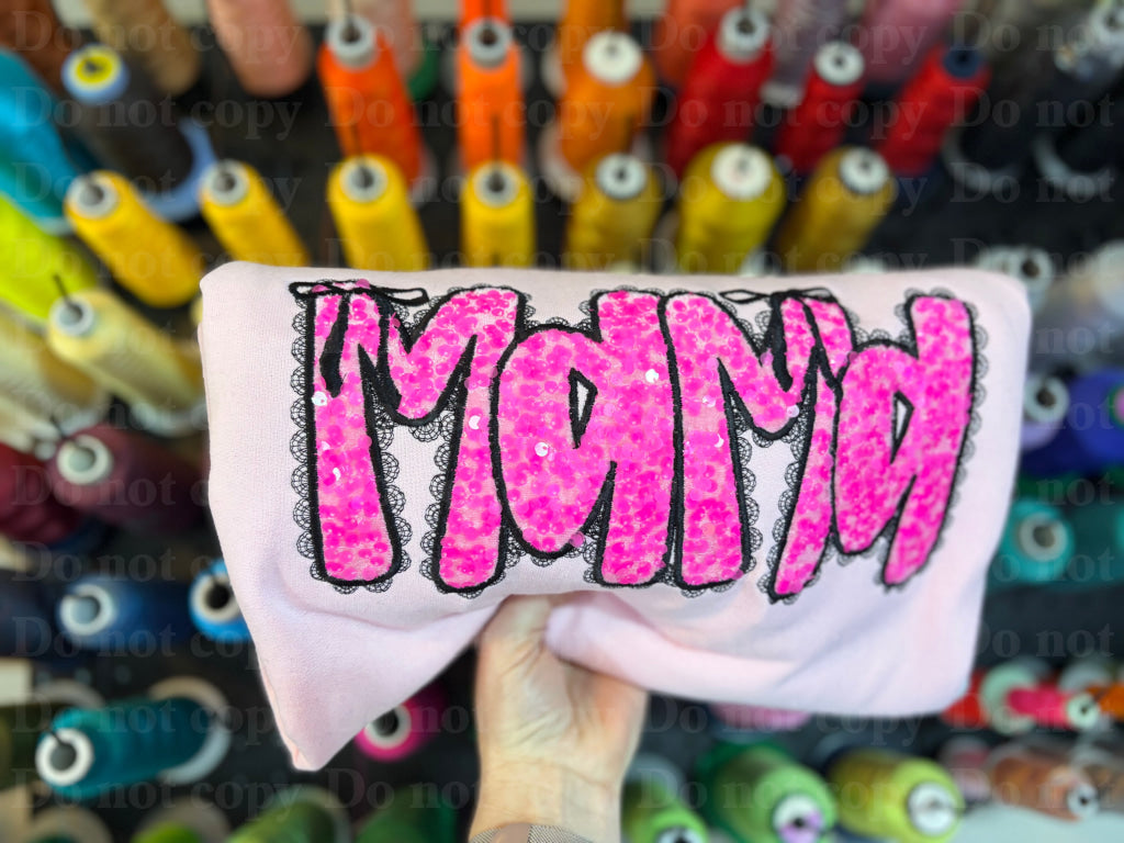 Mama W/Ribbon lace outlined sequin appliqué