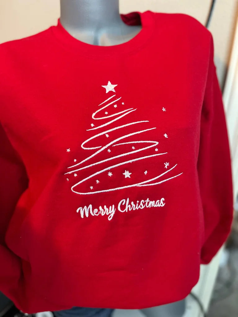 Merry Christmas Flurry Tree Embroidered Crew