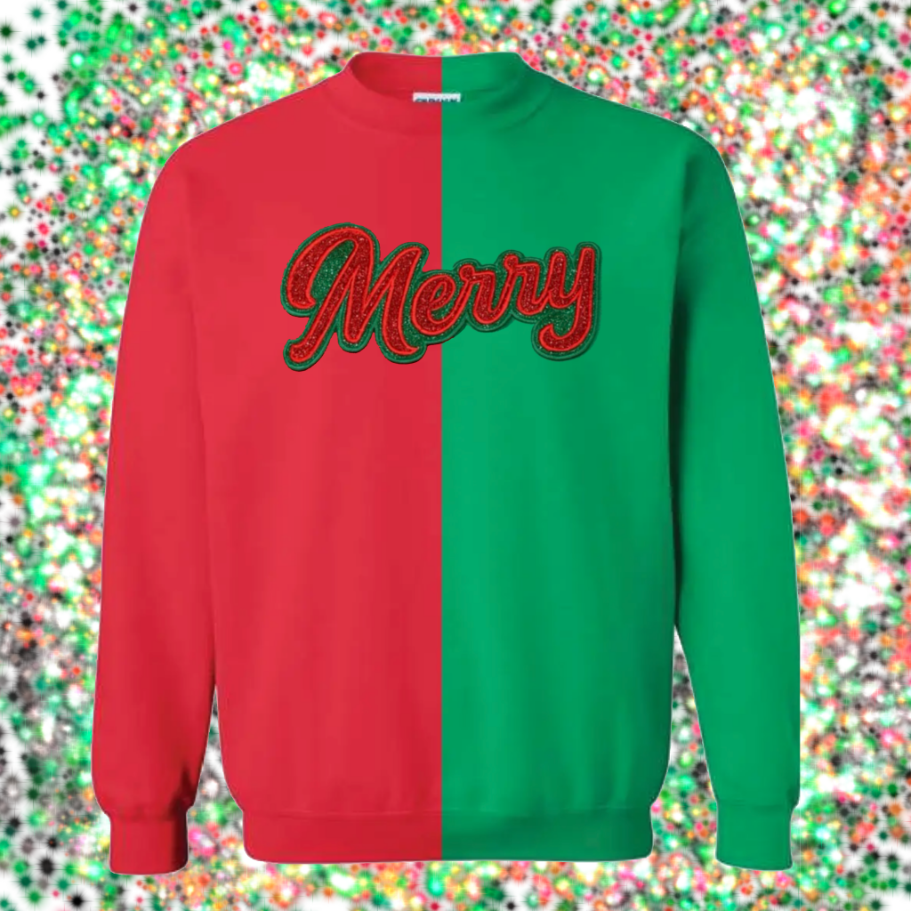 Merry Glitter Appliqué Split Crew Embroidery